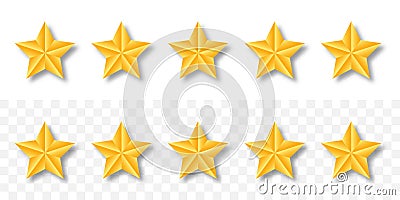 Gold raiting stars. 5 golden star set with shadow on transparent background. Customer feedback concept. Vector Illustration